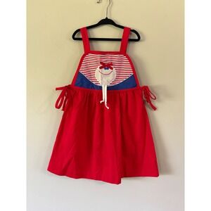 Vintage Ruth Scharf Red Pinafore Dress Girls 6X Striped Humpty Dumpty Applique